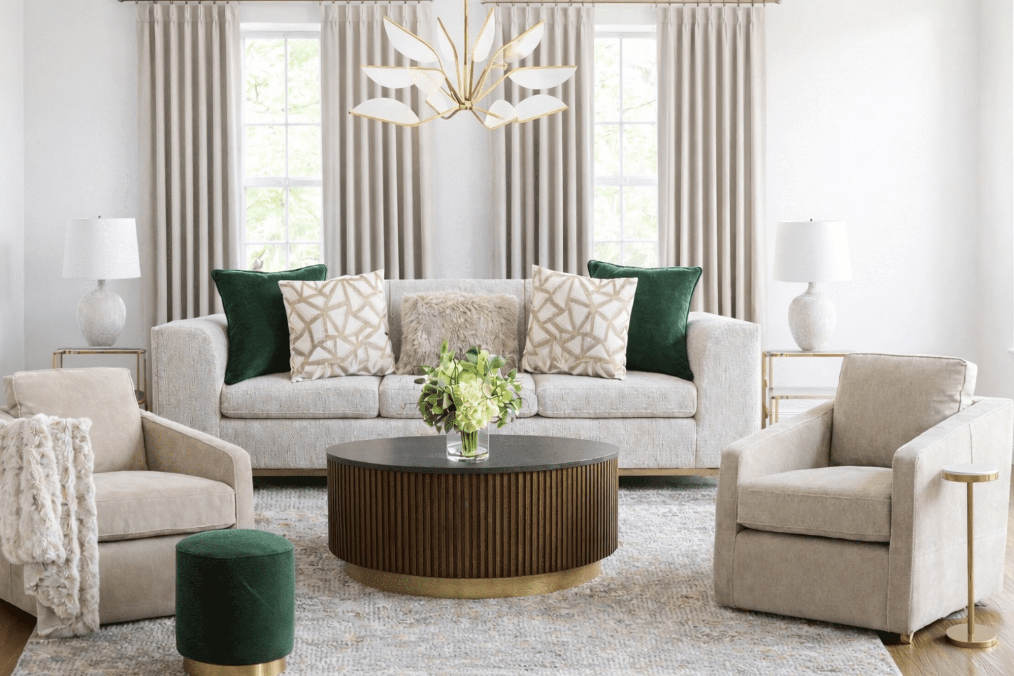 Luxury living room designed by Morphe Home Staging & Design featuring custom furnishings, layered textures, designer lighting, and timeless finishes in a Houston-area home.