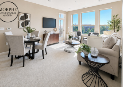 Luxury living room professionally staged by Morphe Home Staging & Design featuring neutral furnishings, layered textures, and contemporary décor designed to maximize buyer appeal in the Houston area.