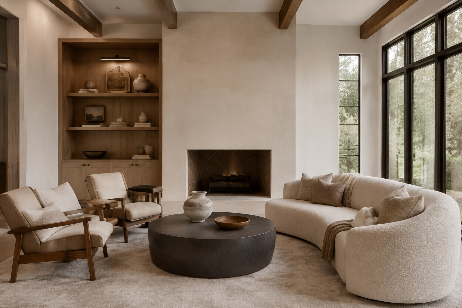 Warm kitchen and dining room with material details