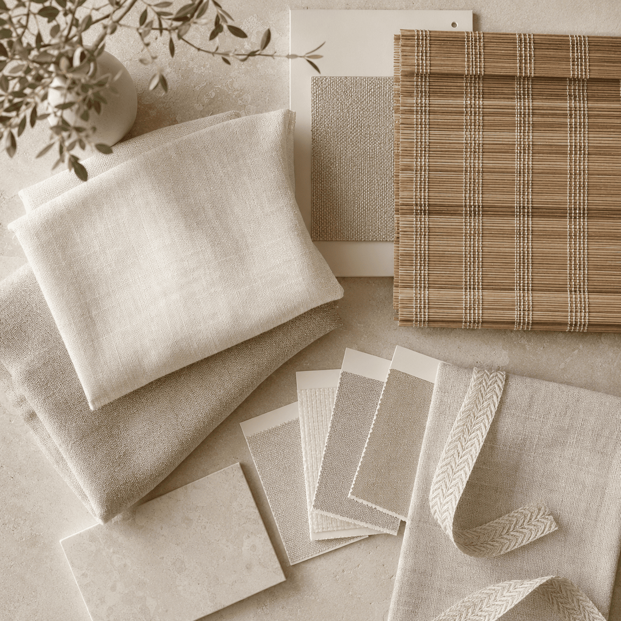 Neutral linen fabrics and woven wood shade samples