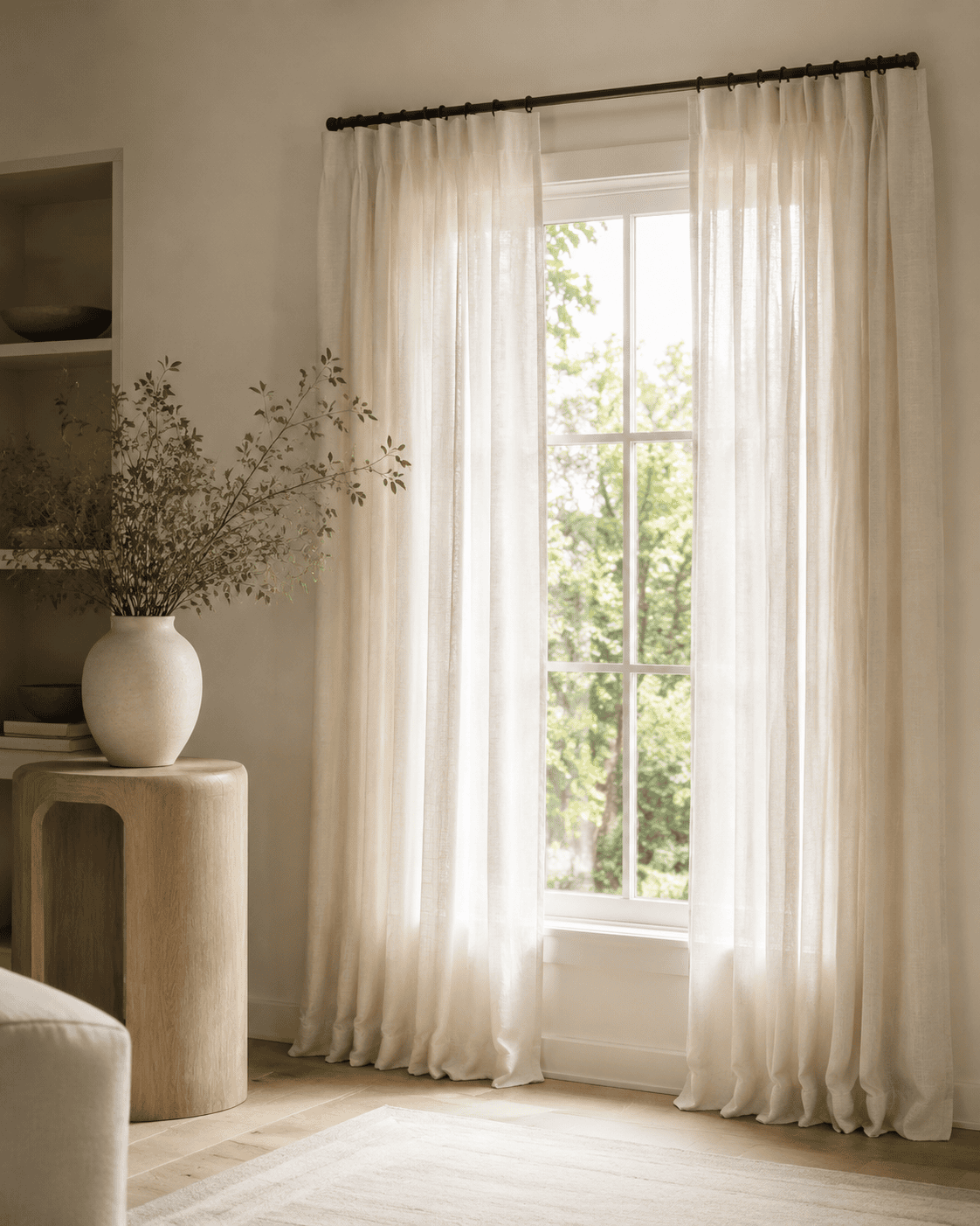Floor-to-ceiling ivory linen drapery installed on a matte-black rod
